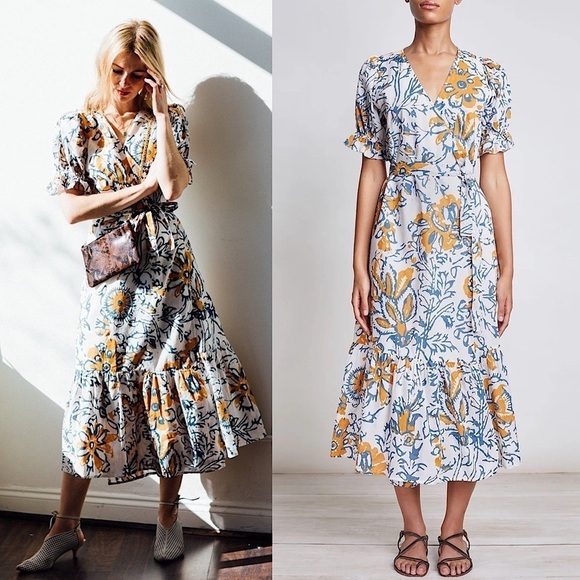 APIECE APART Floral Cotton Puff Short Sleeve Ruffle Hem Wrap Tie Waist Dress 4 - Picture 1 of 14